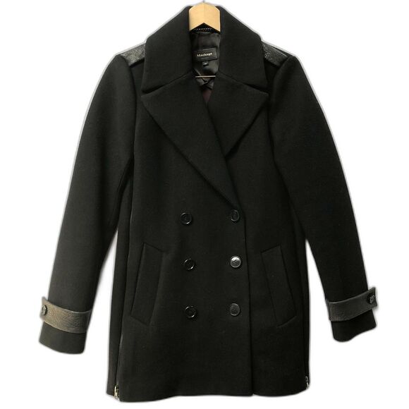 Gorgeous Mackage Wool Blend Classic Pea Coat Leather Trim Side Zipper Vent S - Picture 1 of 12